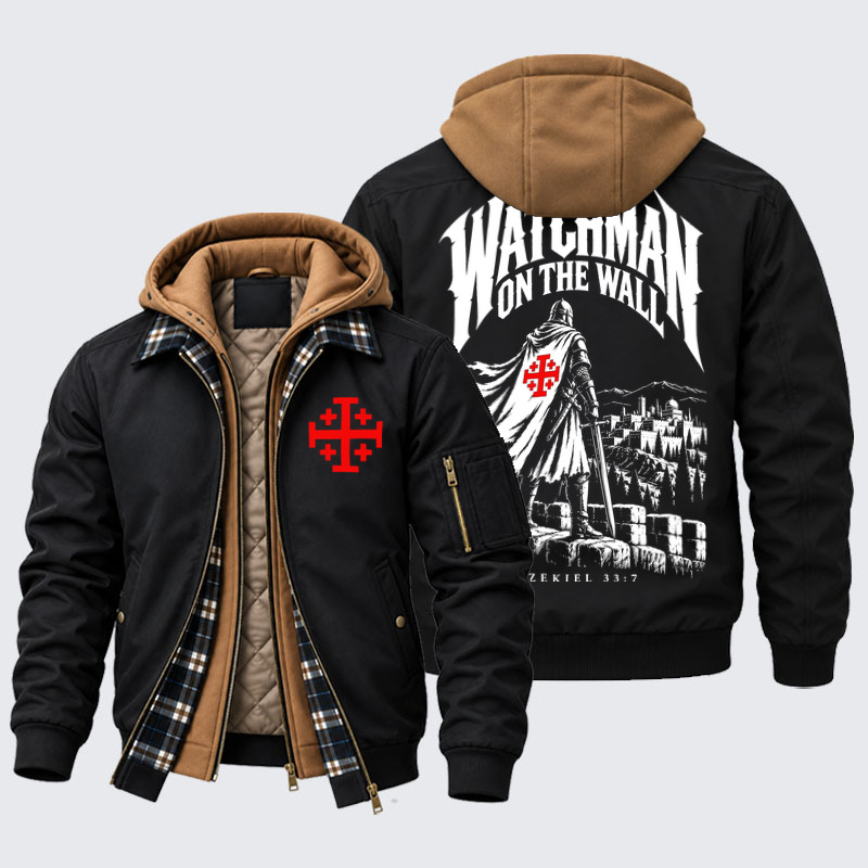 Hooded Bomber Jacket - Watchman on the Wall – Ezekiel 33:7 - Black (front and back)