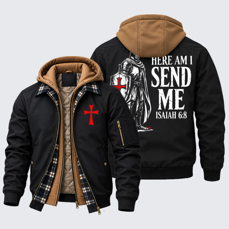 Hooded Bomber Jacket - Templar Knight Faith Warrior - Black (front and back)