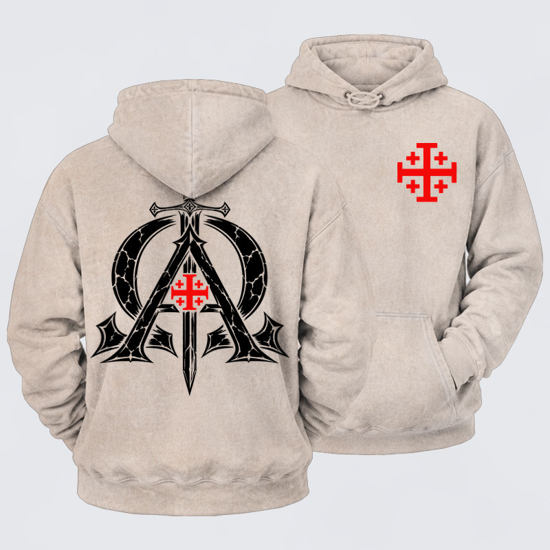 Washed Hoodie - Alpha & Omega – Revelation 22:13 Christian Warrior - Beige (front and back)