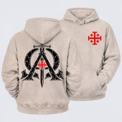 Washed Hoodie - Alpha & Omega – Revelation 22:13 Christian Warrior - Beige (front and back)