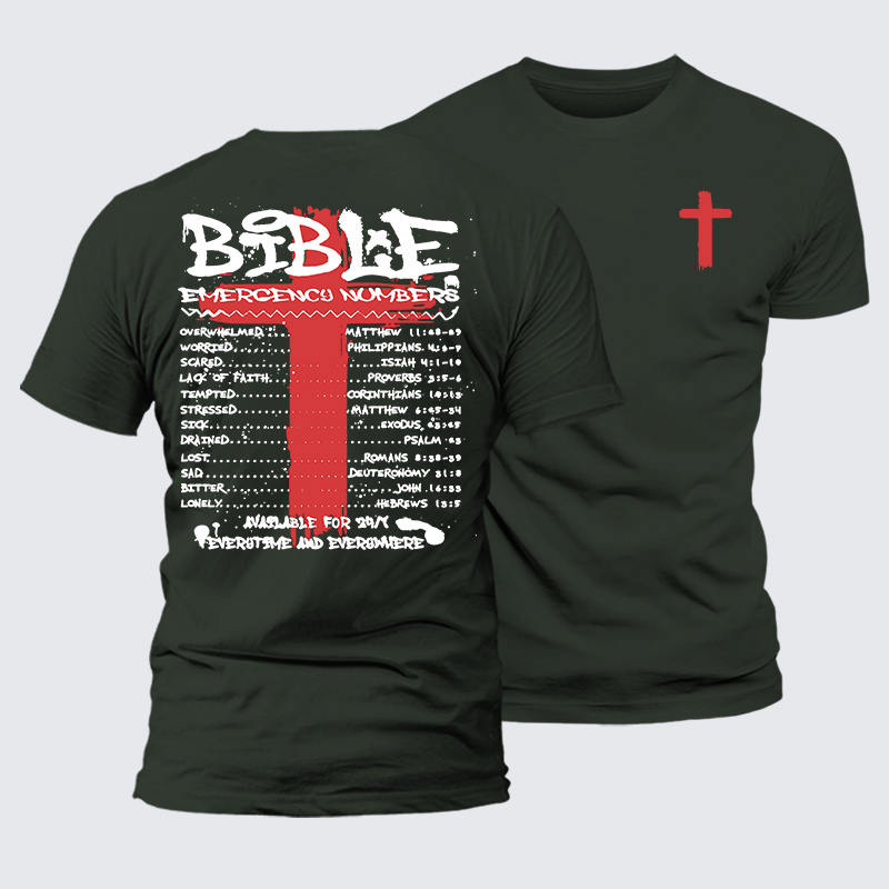 Bible Emergency Numbers Jesus God Christian Premium Mercerized Cotton Tee