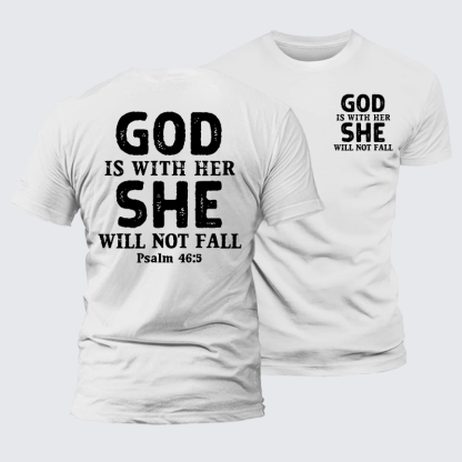 God Is With Her, She Will Not Fall Jesus God Christian Premium Mercerized Cotton Tee