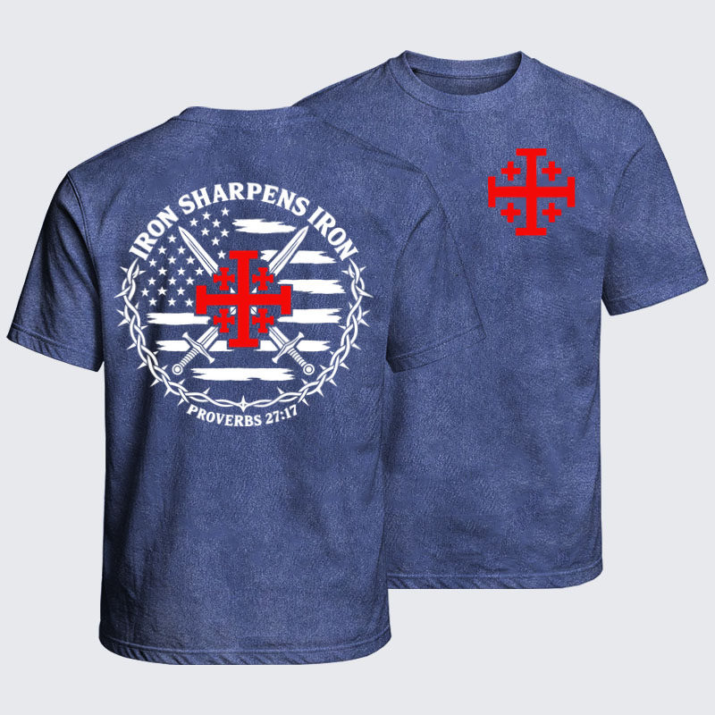 Washed T-Shirt - Iron Sharpens Iron – Jerusalem Cross & American Flag - Royal Blue (front and back)