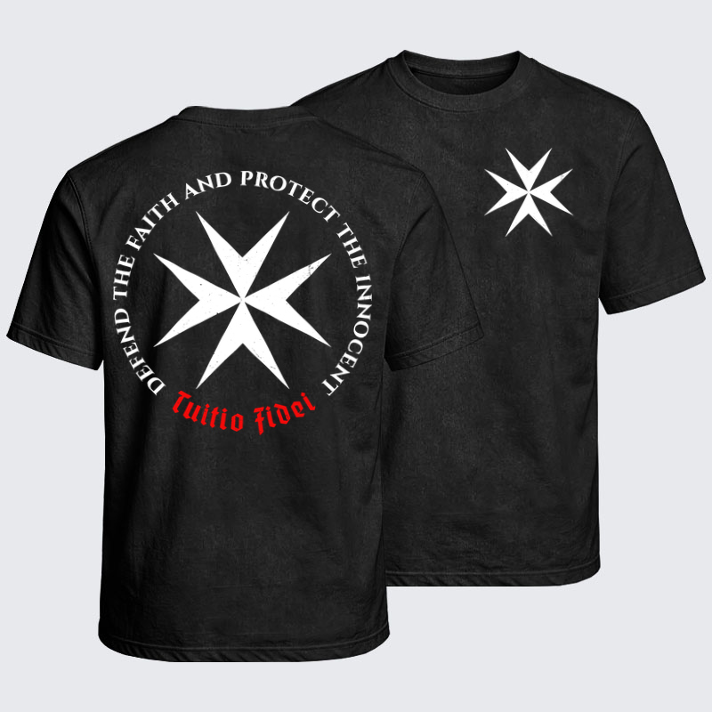 Washed T-Shirt - Defend the Faith, Protect the Innocent Christian Knighti – Tuitio Fide - Black (front and back)