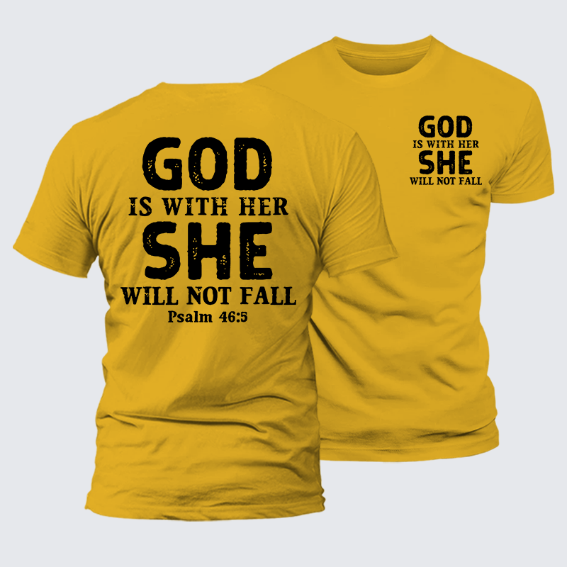 God Is With Her, She Will Not Fall Jesus God Christian Premium Mercerized Cotton Tee