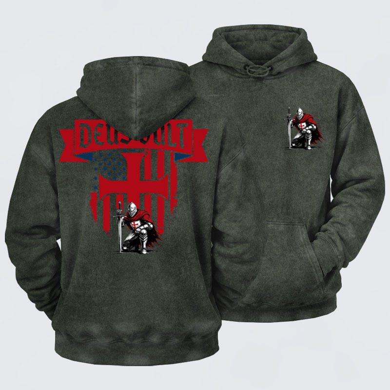 Washed Hoodie  - Templar Knight Crusader Deus Vult
