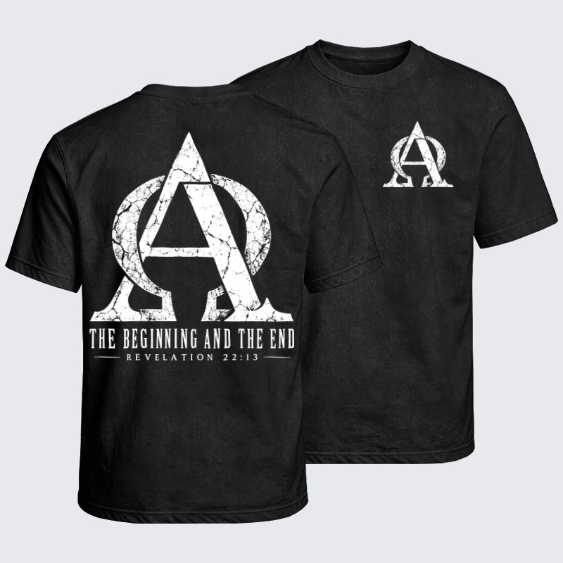 Washed T-Shirt - Alpha & Omega – The Beginning and the End - Black (front and back)