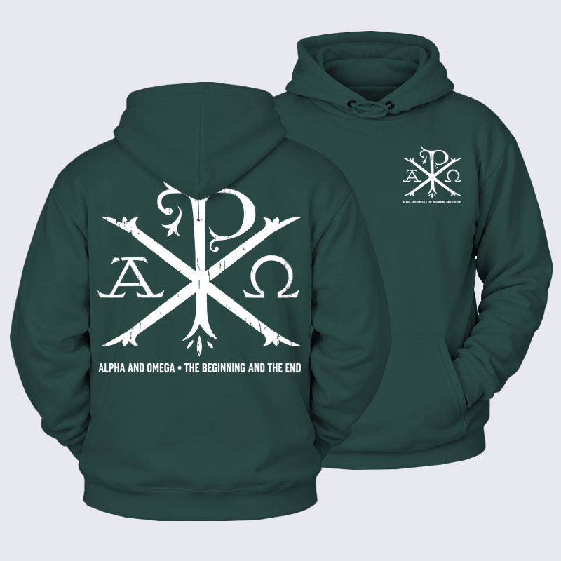 Plush Fleece-Lined Hoodie - Alpha And Omega - Eden Green (front and back)