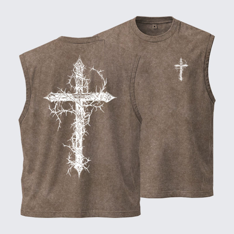 Washed Tank Top - Cross - Coffee (front and back)