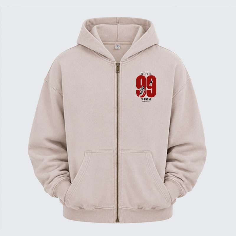Washed Zip-Up Hoodie - He Left The 99 To Find Me - Beige (front)