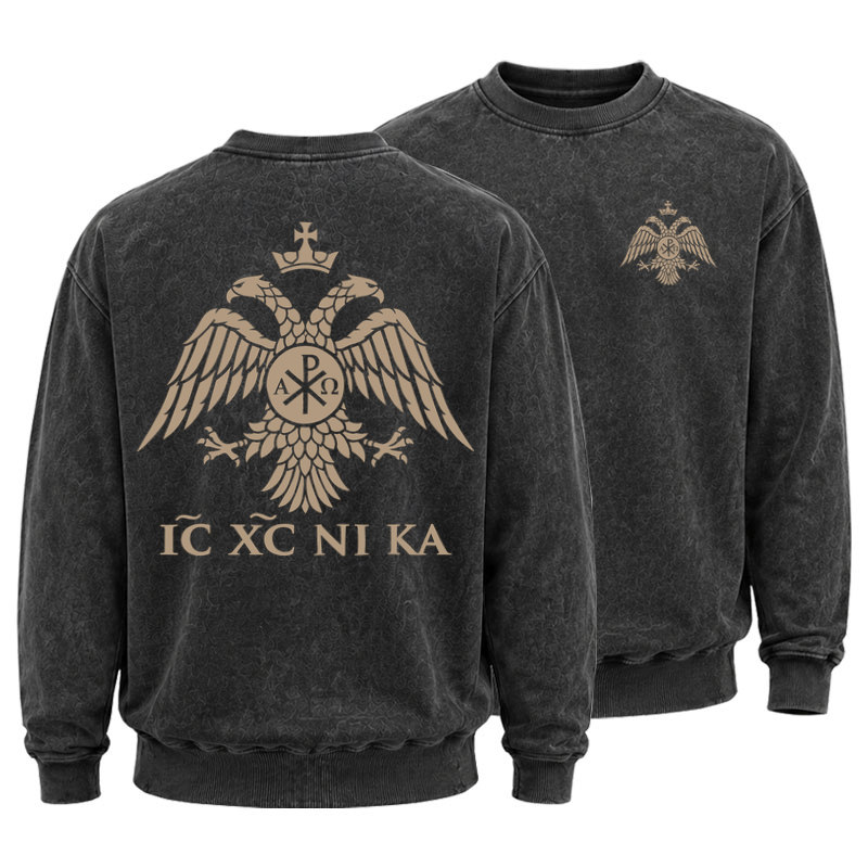 Washed Sweatshirt - IC XC NIKA – Chi-Rho Double-Headed Eagle - Black (front and back)