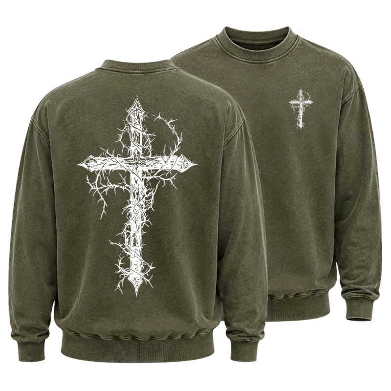 Washed Sweatshirt - Cross - Army Green (front and back)