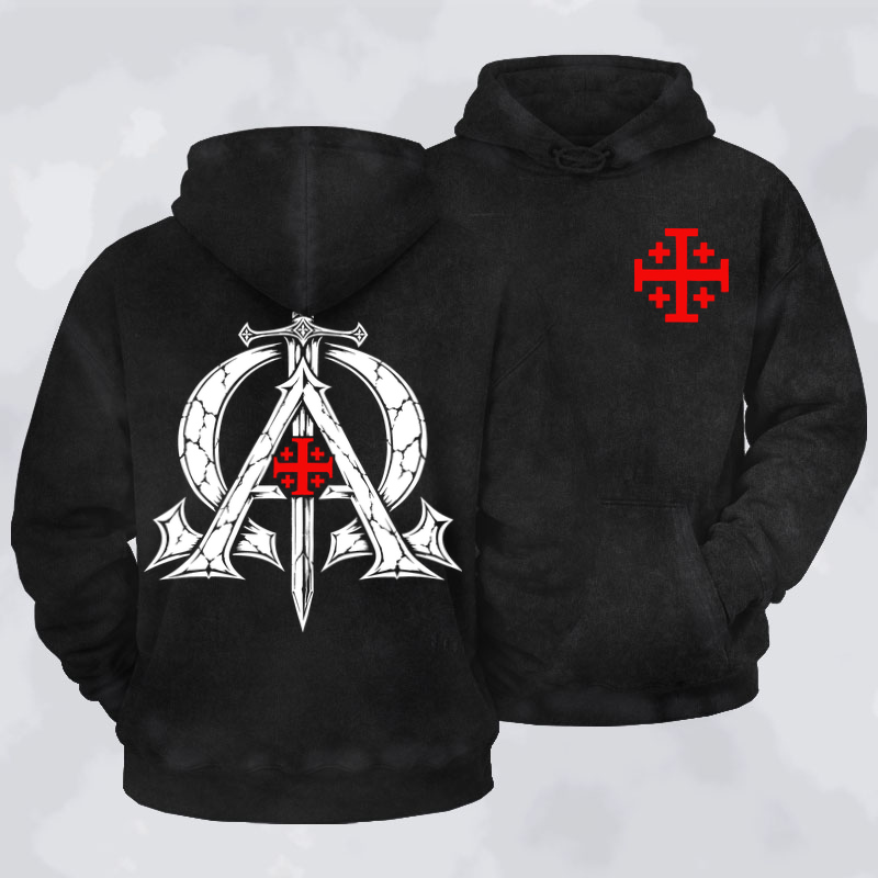 Washed Hoodie - Alpha & Omega – Revelation 22:13 Christian Warrior - Black (front and back)