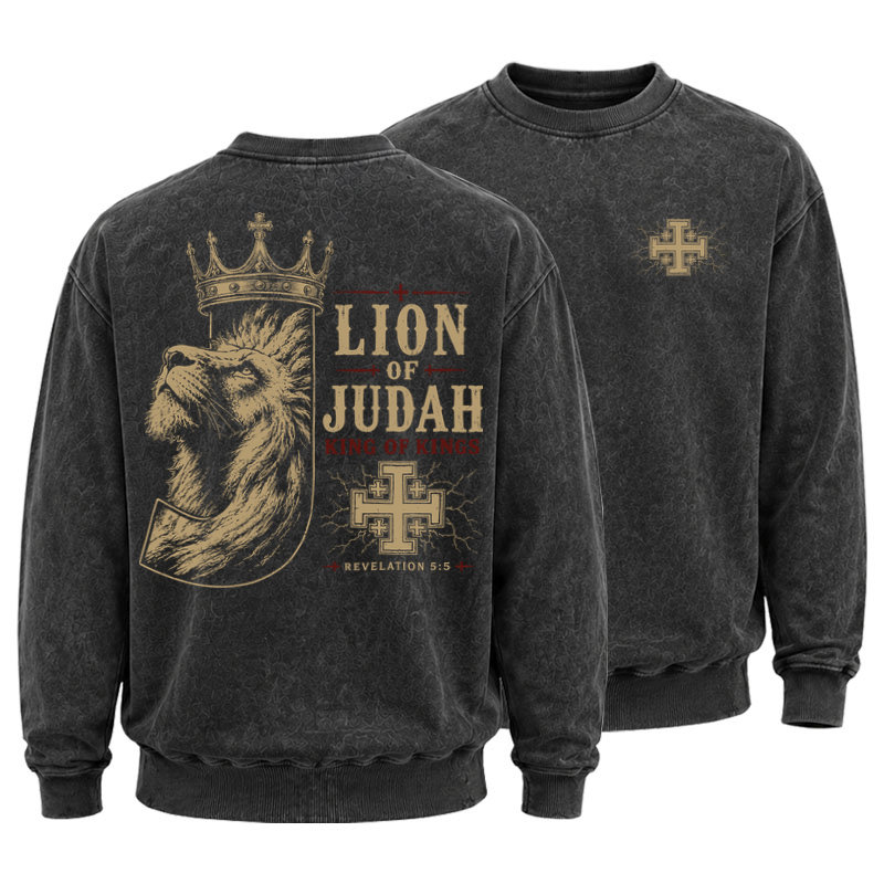Washed Sweatshirt - Lion of Judah - Black (front and back)