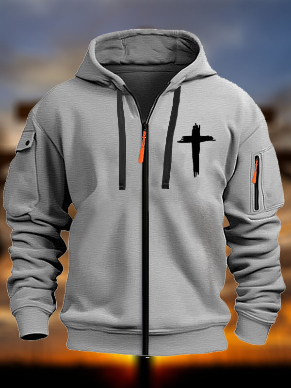 Cross Printed Zipper Hoodies