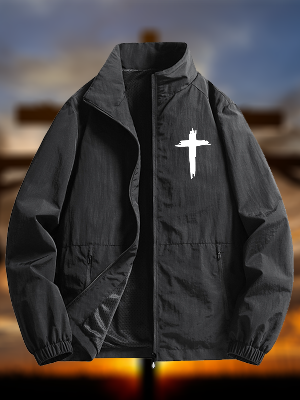 Men's Cross Print Casual Stand-collar Waterproof Jacket