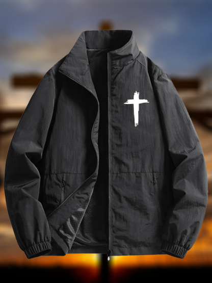 Men's Cross Print Casual Stand-collar Waterproof Jacket