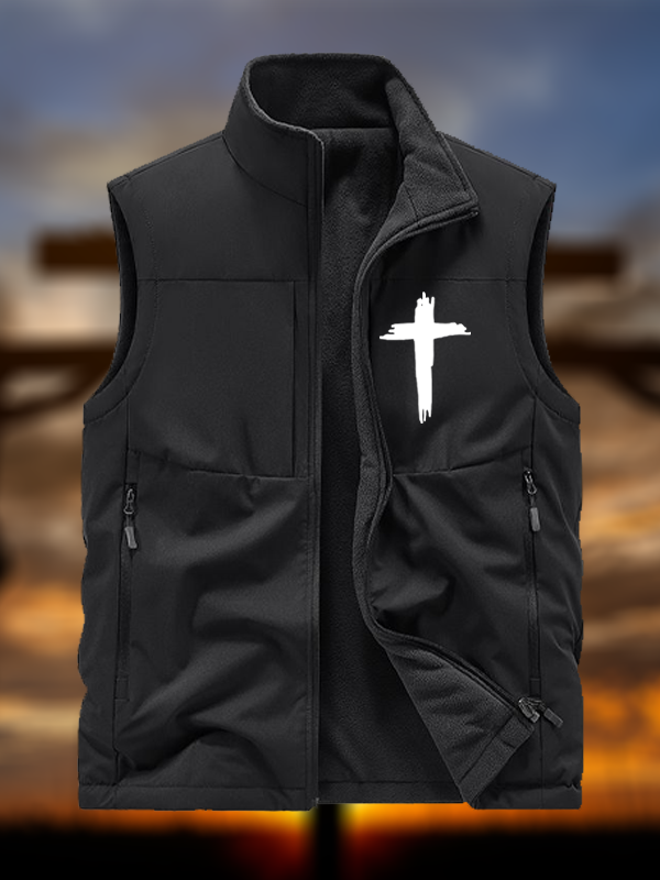Cross Print Reversible Outdoor Fleece-Lined Multi-Pocket Vest