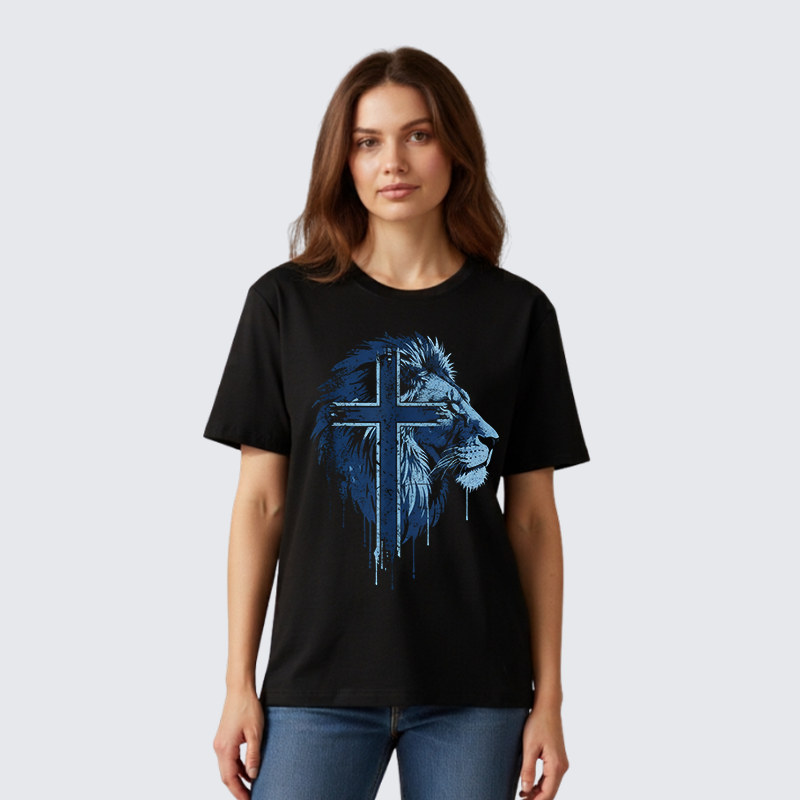 Lion of Faith Cross Jesus God Christian Premium Mercerized Cotton Tee