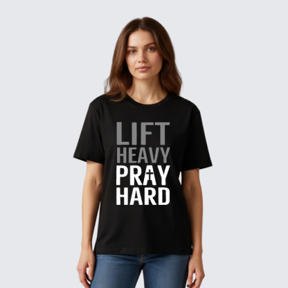 Lift Heavy, Pray Hard Jesus God Christian Premium Mercerized Cotton Tee
