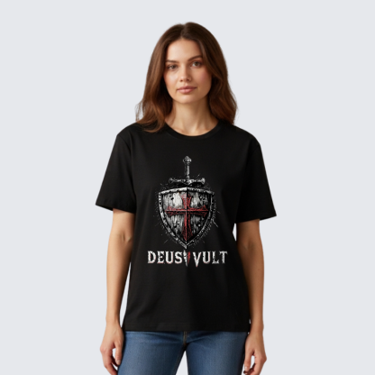 Deus Vult Crusader Shield Templar Cross Jesus God Christian Premium Mercerized Cotton Tee