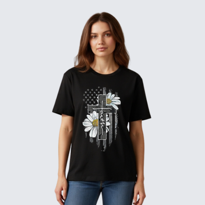 Flower Cross Faith Jesus God Christian Premium Mercerized Cotton Tee