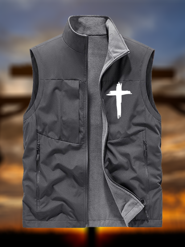 Cross Print Reversible Outdoor Fleece-Lined Multi-Pocket Vest