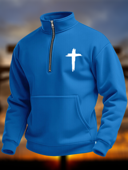 Cross Print Waffle Half-Zip Stand Collar Sweatshirt