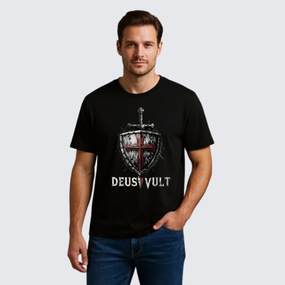 Deus Vult Crusader Shield Templar Cross Jesus God Christian Premium Mercerized Cotton Tee