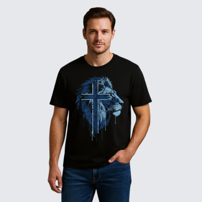 Lion of Faith Cross Jesus God Christian Premium Mercerized Cotton Tee
