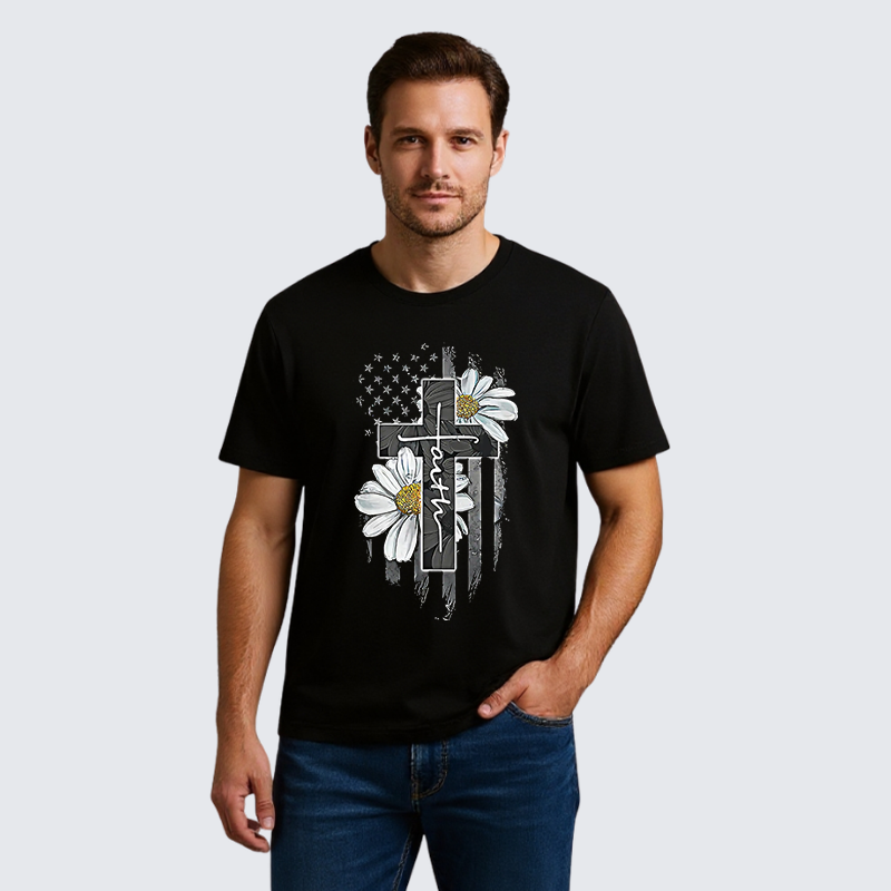 Flower Cross Faith Jesus God Christian Premium Mercerized Cotton Tee