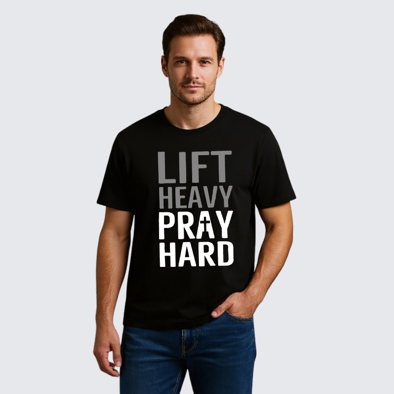 Lift Heavy, Pray Hard Jesus God Christian Premium Mercerized Cotton Tee