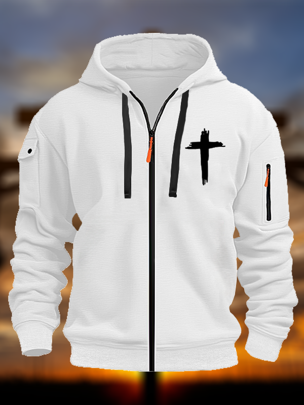 Cross Printed Zipper Hoodies