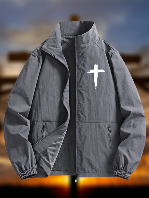 Men's Cross Print Casual Stand-collar Waterproof Jacket