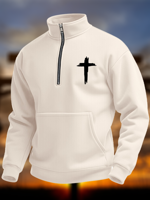 Cross Print Waffle Half-Zip Stand Collar Sweatshirt