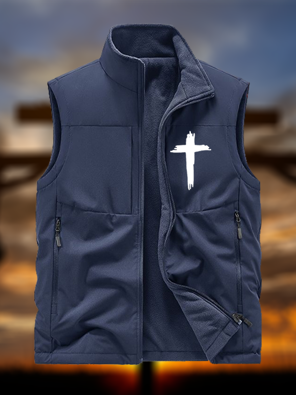 Cross Print Reversible Outdoor Fleece-Lined Multi-Pocket Vest