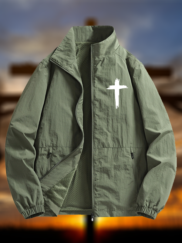 Men's Cross Print Casual Stand-collar Waterproof Jacket