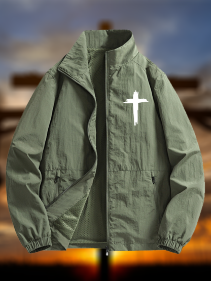 Men's Cross Print Casual Stand-collar Waterproof Jacket