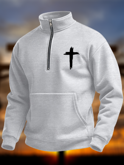 Cross Print Waffle Half-Zip Stand Collar Sweatshirt