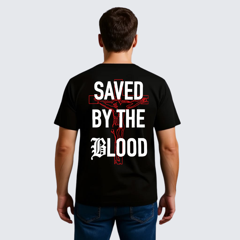 Saved By The Blood Jesus God Christian Premium Mercerized Cotton Tee