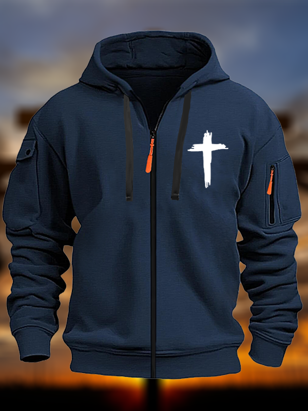 Cross Printed Zipper Hoodies