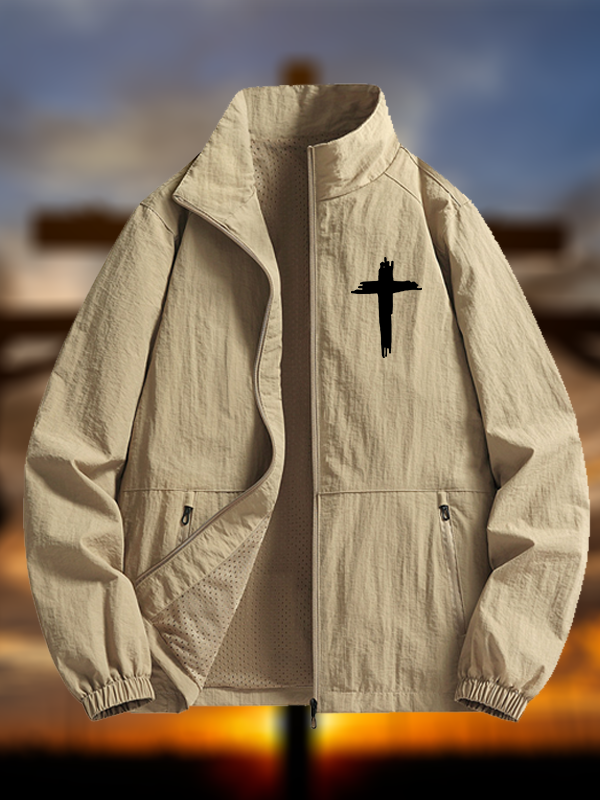 Men's Cross Print Casual Stand-collar Waterproof Jacket