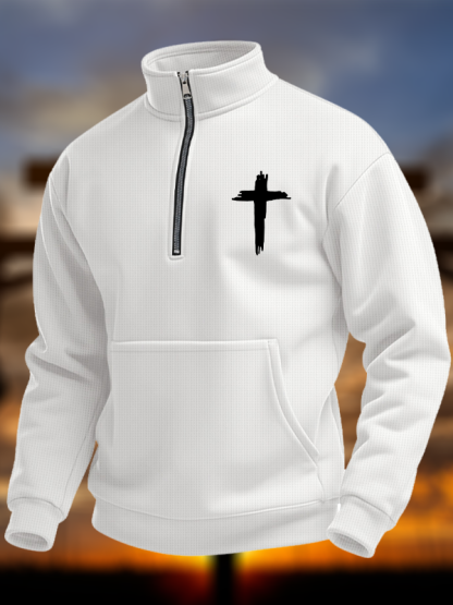 Cross Print Waffle Half-Zip Stand Collar Sweatshirt