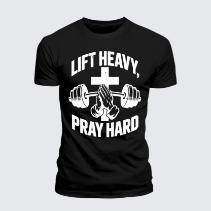 Lift Heavy Pray Hard Jesus God Christian Premium Mercerized Cotton Tee