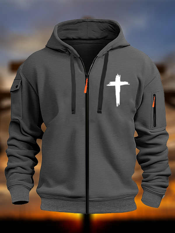 Cross Printed Zipper Hoodies