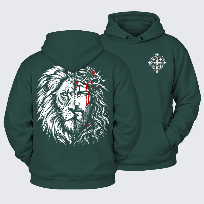 Plush Fleece-Lined Hoodie - Lion of Judah & Jesus – Crown of Thorns - Eden Green (front and back)