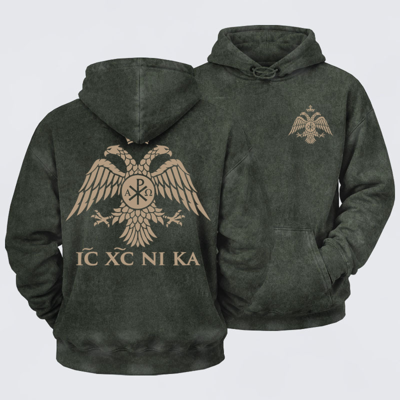 Washed Hoodie - IC XC NIKA – Chi-Rho Double-Headed Eagle - Army green (front and back)