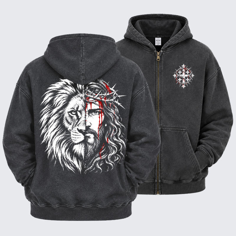 Washed Zip-Up Hoodie - Lion of Judah & Jesus – Crown of Thorns - Black (front and back)