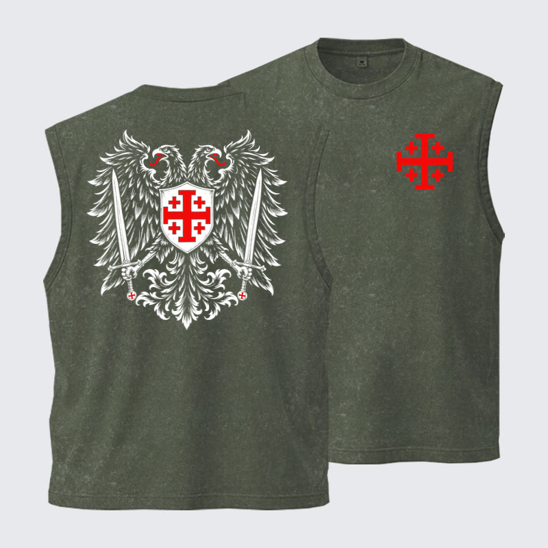Washed Tank Top - Jerusalem Cross – Christian Double-Headed Eagle Warrior - Army green (front and back)