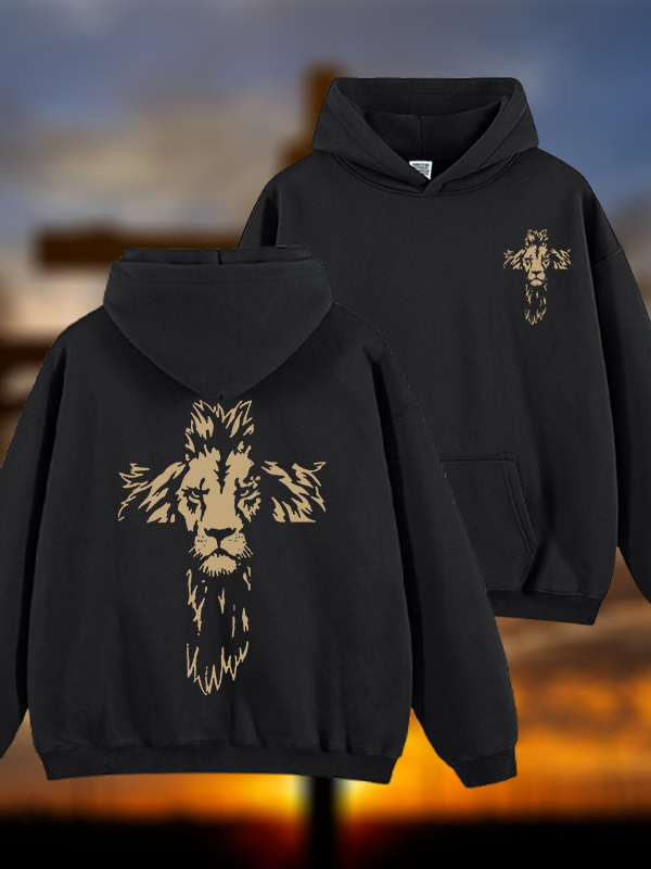 Lion Cross Jesus God Christian Plush Fleece-Lined Hoodie